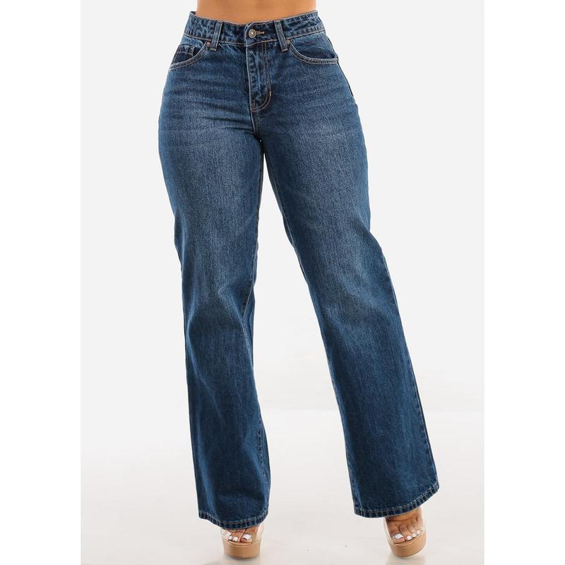 High Waist Med Blue Straight Wide Leg Cotton Jeans